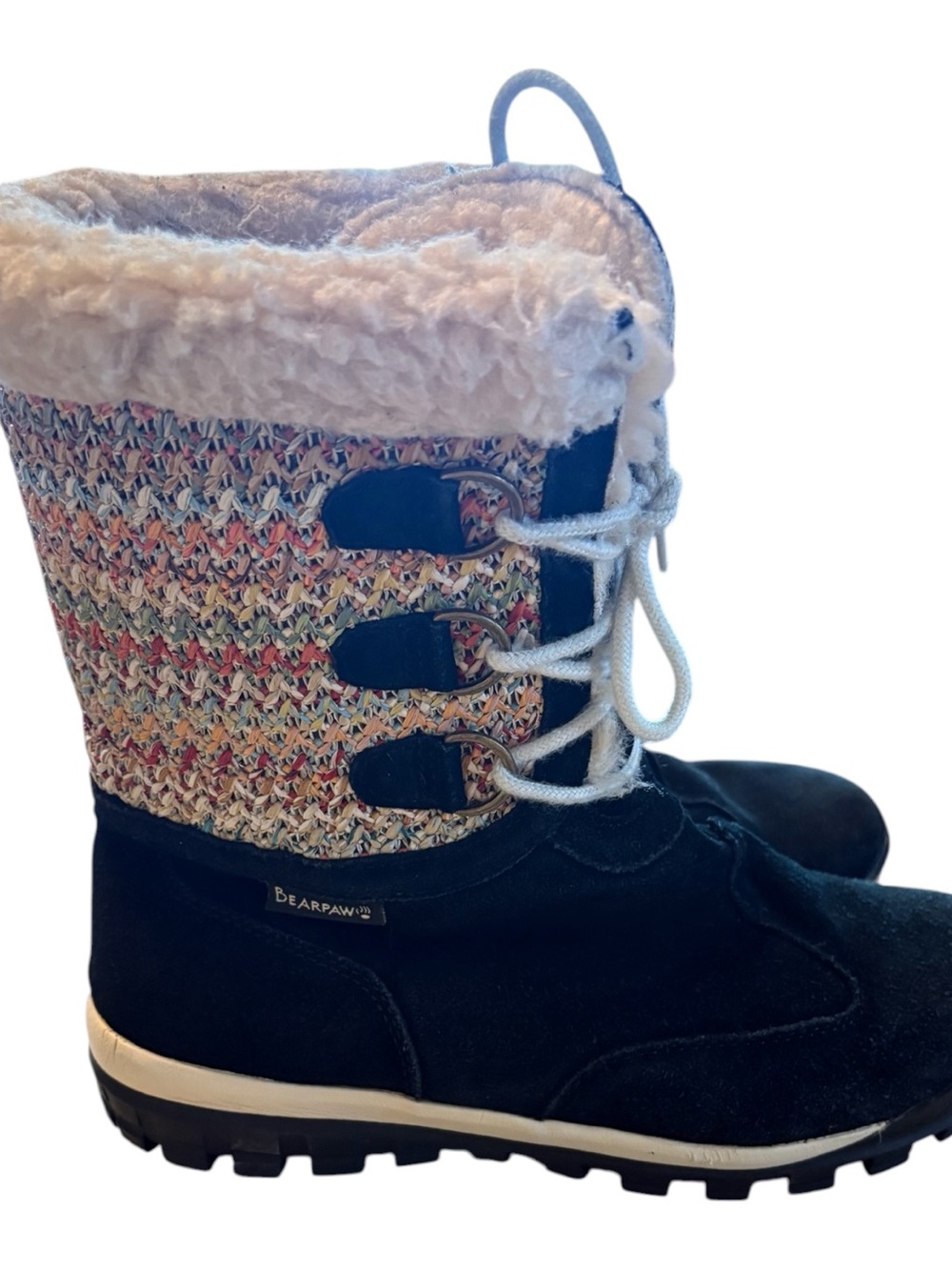 BearPaw Black Suede Boots with Multicolor Knit Shaft